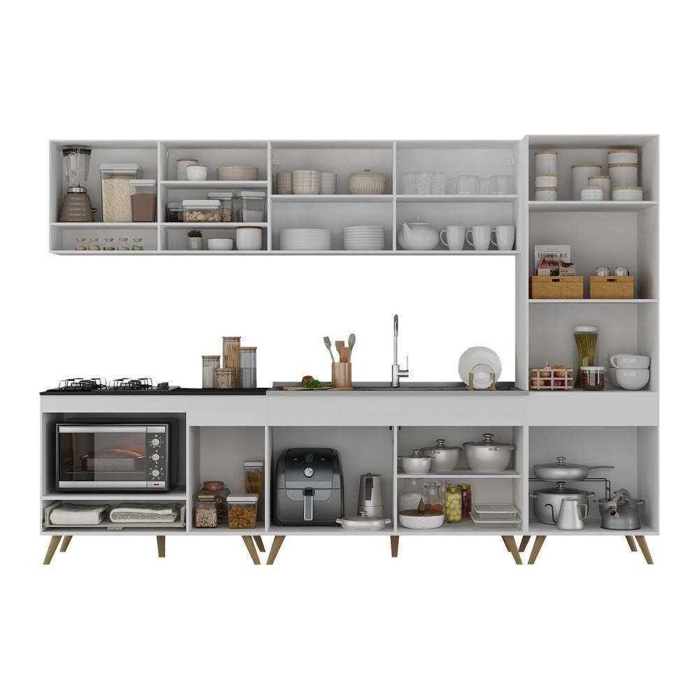 Cozinha Modulada Completa Compacta 5 Peças Com Balcão Para Cooktop Veneza Multimóveis Mp2270 Branco Dourado - 5