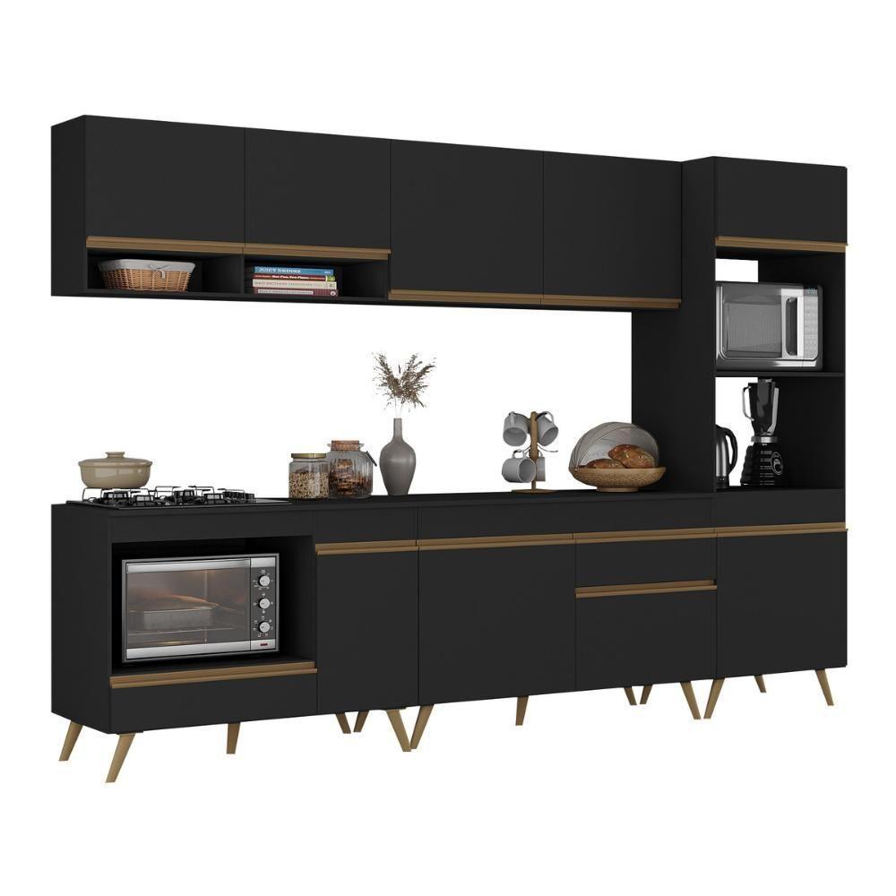 Cozinha Modulada Completa Compacta 5 Peças Com Balcão Para Cooktop Veneza Multimóveis Mp2268 Preto Dourado - 2