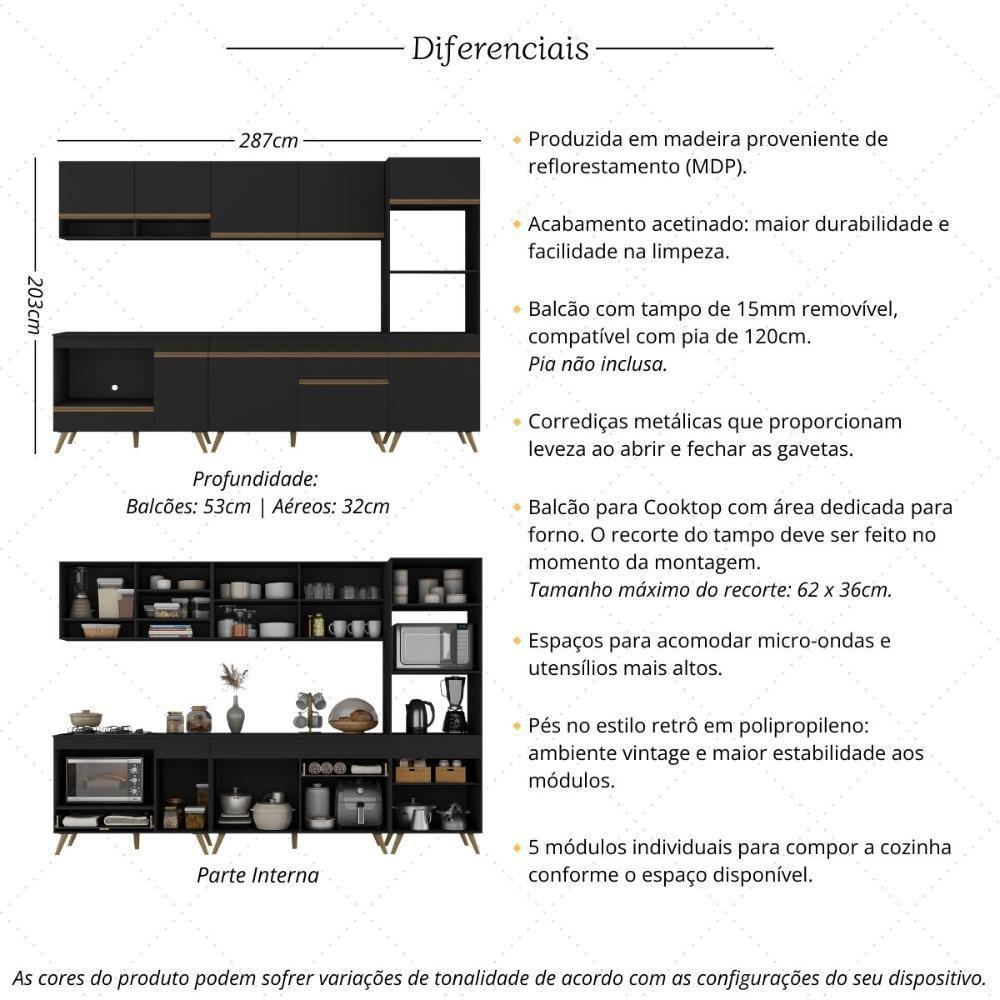 Cozinha Modulada Completa Compacta 5 Peças Com Balcão Para Cooktop Veneza Multimóveis Mp2268 Preto Dourado - 3