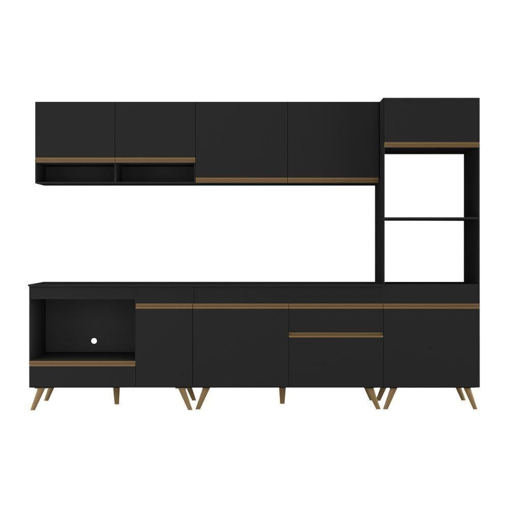 Cozinha Modulada Completa Compacta 5 Peças Com Balcão Para Cooktop Veneza Multimóveis Mp2268 Preto Dourado - 7