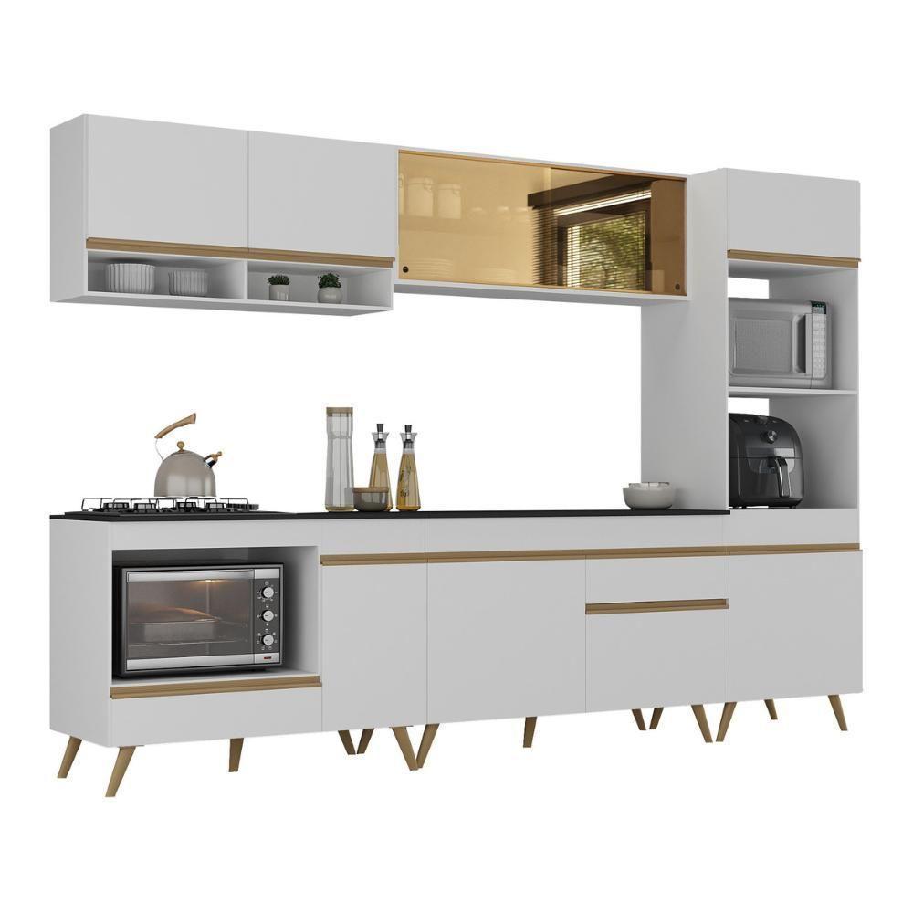 Cozinha Modulada Completa Compacta 287cm Com Balcão Para Cooktop Veneza Multimóveis Mp2269 Branco Dourado - 2