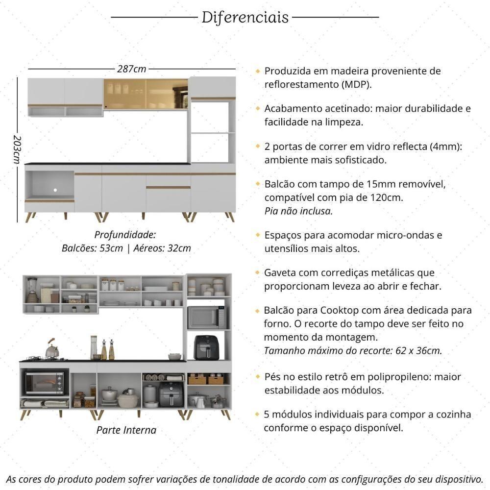 Cozinha Modulada Completa Compacta 287cm Com Balcão Para Cooktop Veneza Multimóveis Mp2269 Branco Dourado - 3