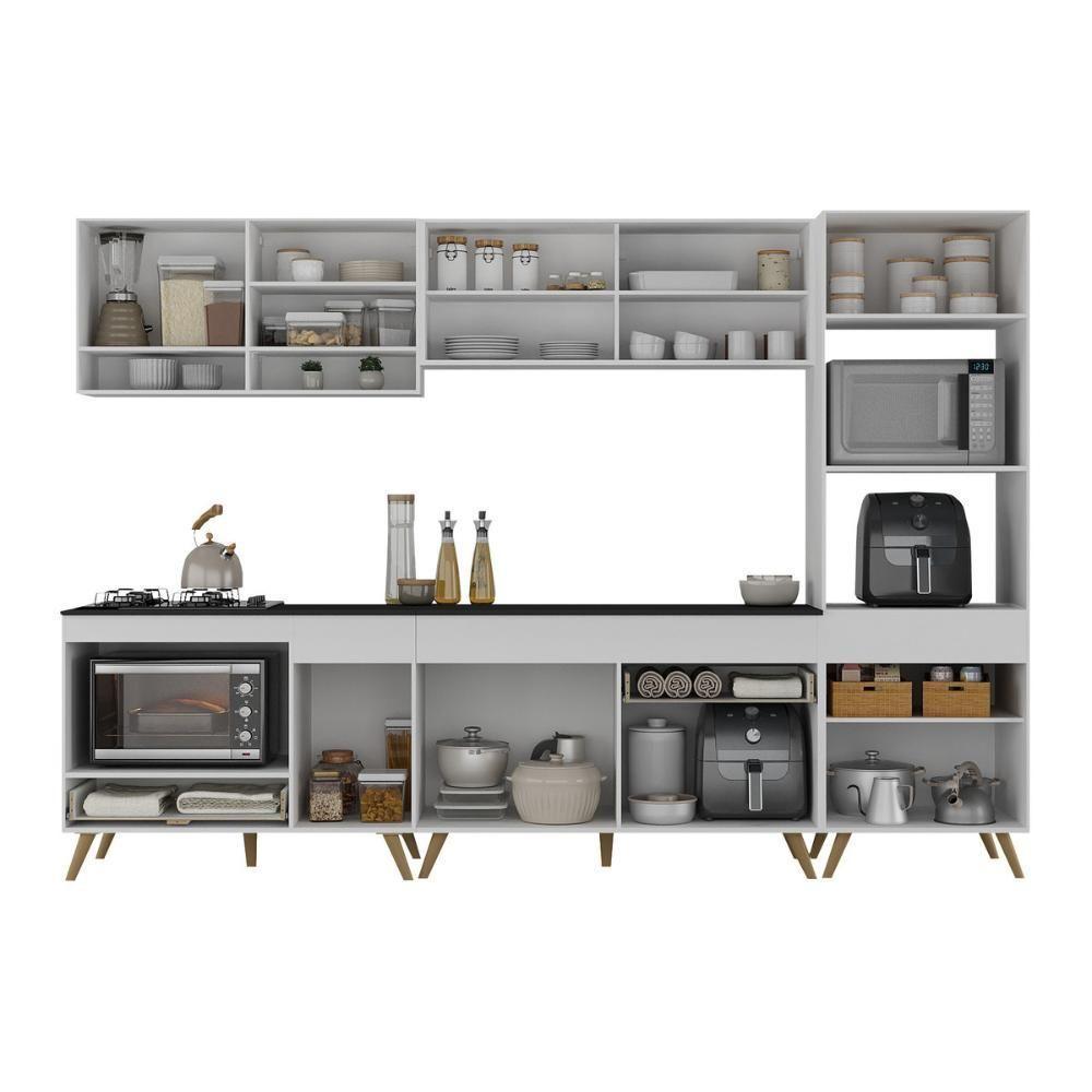 Cozinha Modulada Completa Compacta 287cm Com Balcão Para Cooktop Veneza Multimóveis Mp2269 Branco Dourado - 5