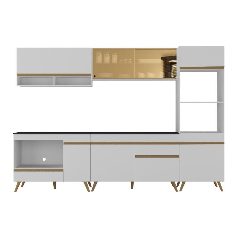 Cozinha Modulada Completa Compacta 287cm Com Balcão Para Cooktop Veneza Multimóveis Mp2269 Branco Dourado - 7
