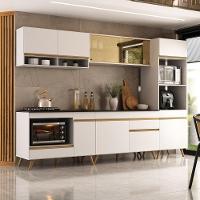 Cozinha Modulada Completa Compacta 287cm Com Balcão Para Cooktop Veneza Multimóveis Mp2269 Branco Dourado - 1