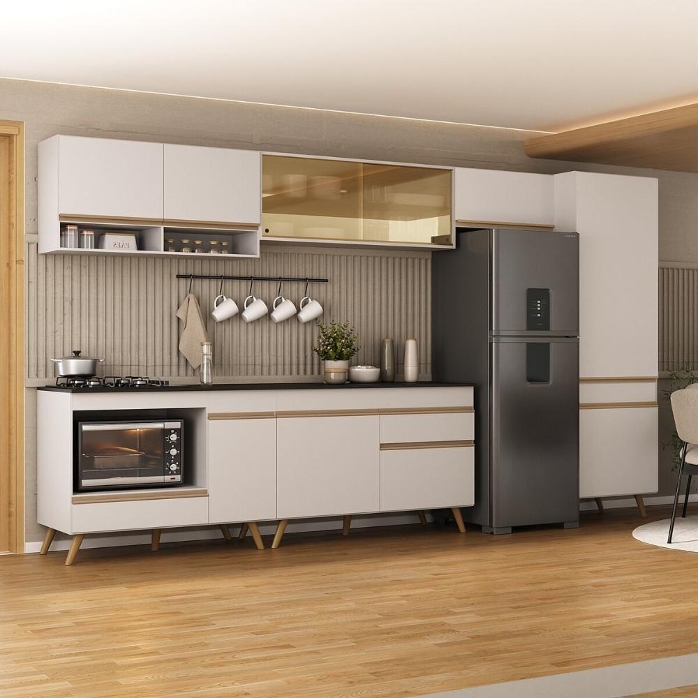 Cozinha Modulada Completa 357cm 6 Peças Com Balcão Para Cooktop Veneza Multimóveis Mp2275 Branco Dourado - 1