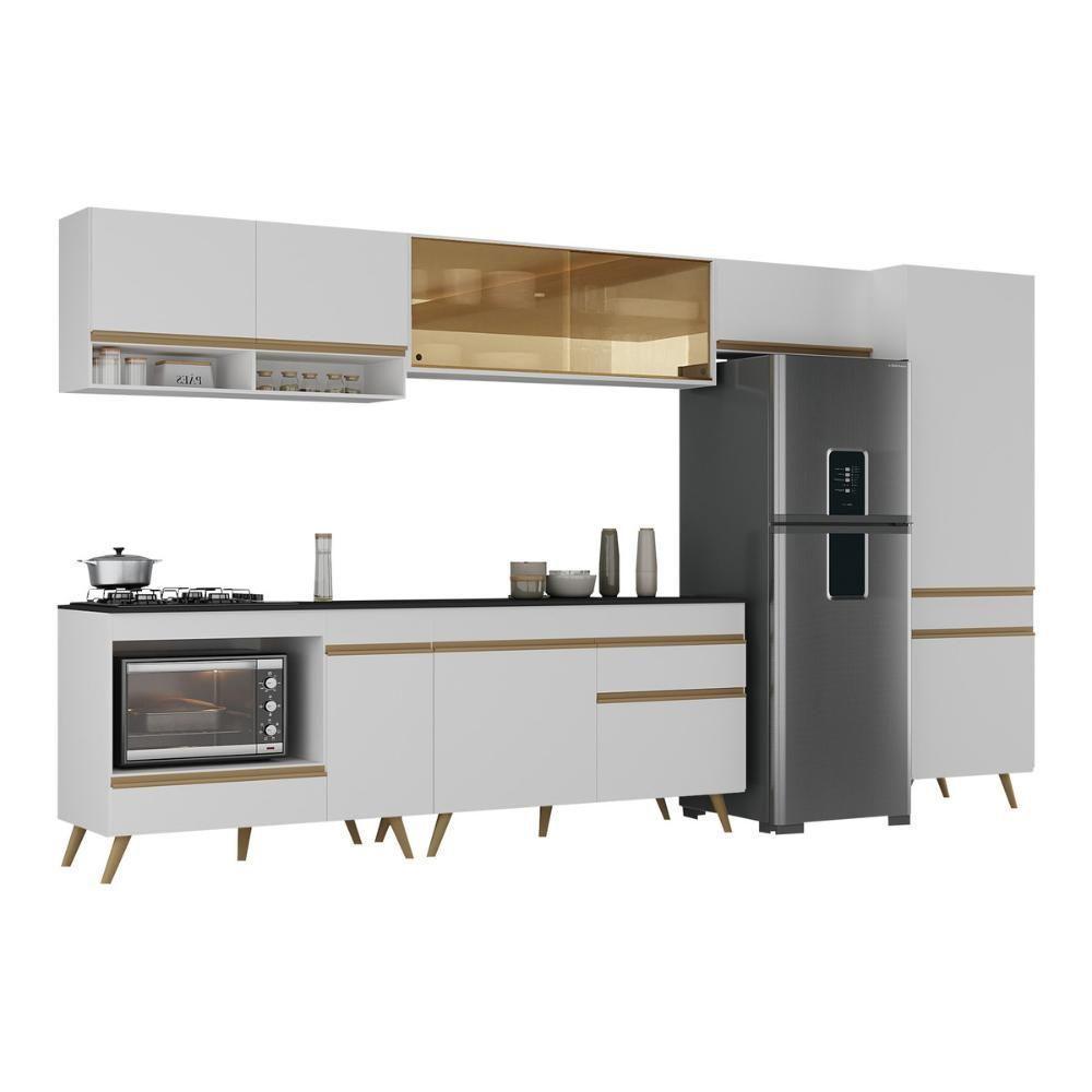 Cozinha Modulada Completa 357cm 6 Peças Com Balcão Para Cooktop Veneza Multimóveis Mp2275 Branco Dourado - 2