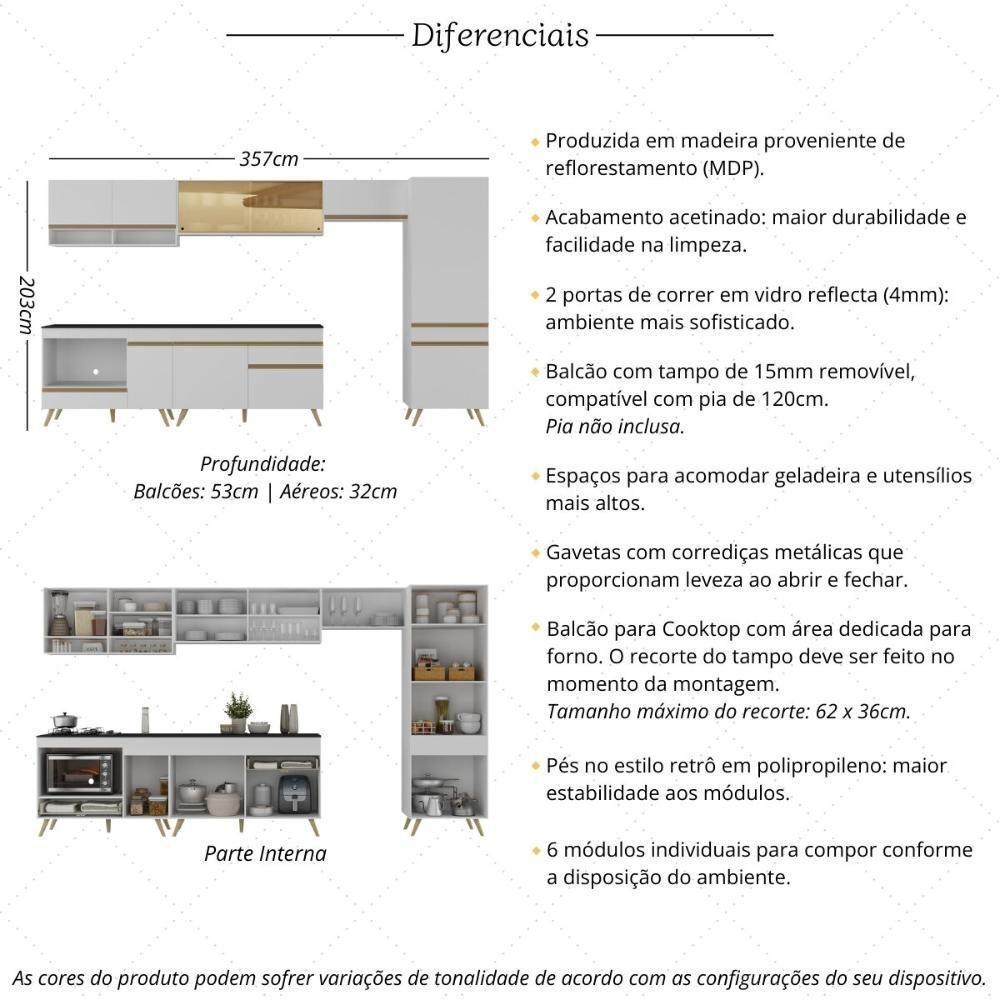 Cozinha Modulada Completa 357cm 6 Peças Com Balcão Para Cooktop Veneza Multimóveis Mp2275 Branco Dourado - 3
