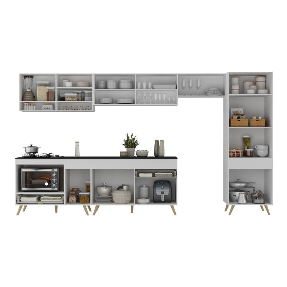 Cozinha Modulada Completa 357cm 6 Peças Com Balcão Para Cooktop Veneza Multimóveis Mp2275 Branco Dourado - 5
