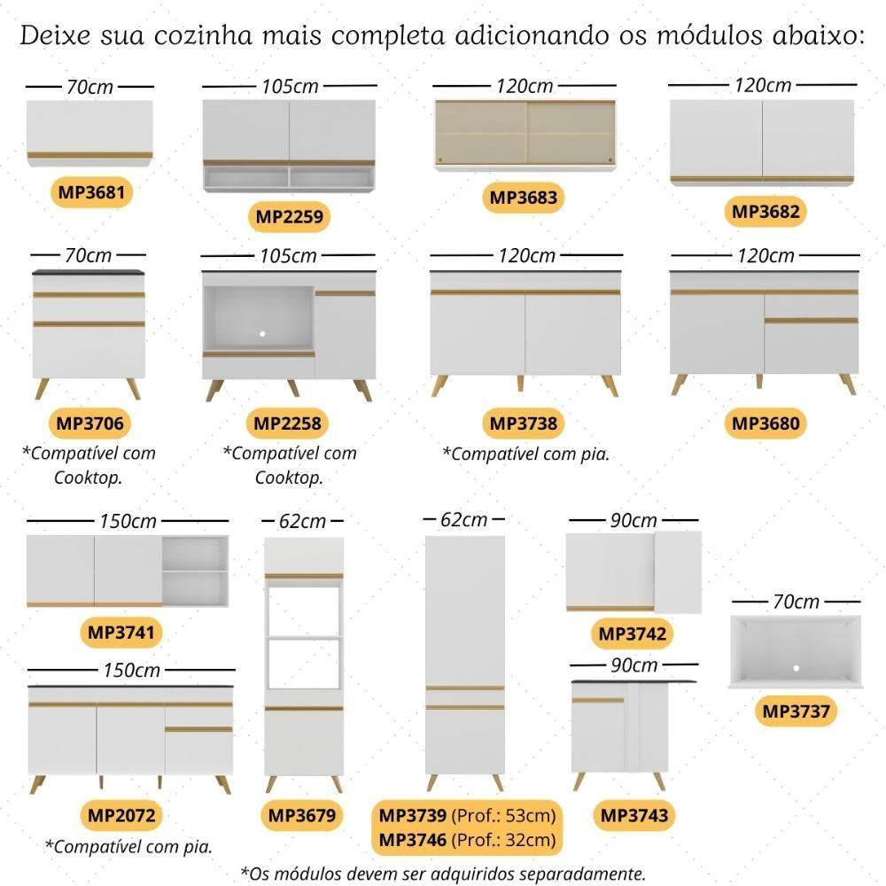 Cozinha Modulada Completa 357cm 6 Peças Com Balcão Para Cooktop Veneza Multimóveis Mp2275 Branco Dourado - 6