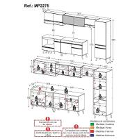 Cozinha Modulada Completa 357cm 6 Peças Com Balcão Para Cooktop Veneza Multimóveis Mp2275 Branco Dourado