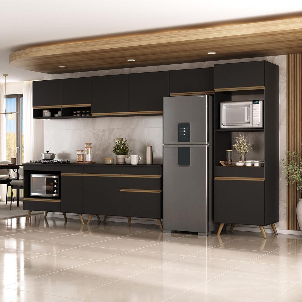 Cozinha Modulada Completa 357cm 6 Peças Com Balcão Para Cooktop Veneza Multimóveis Mp2272 Preto Dourado - 1