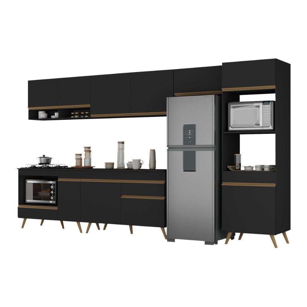 Cozinha Modulada Completa 357cm 6 Peças Com Balcão Para Cooktop Veneza Multimóveis Mp2272 Preto Dourado - 2
