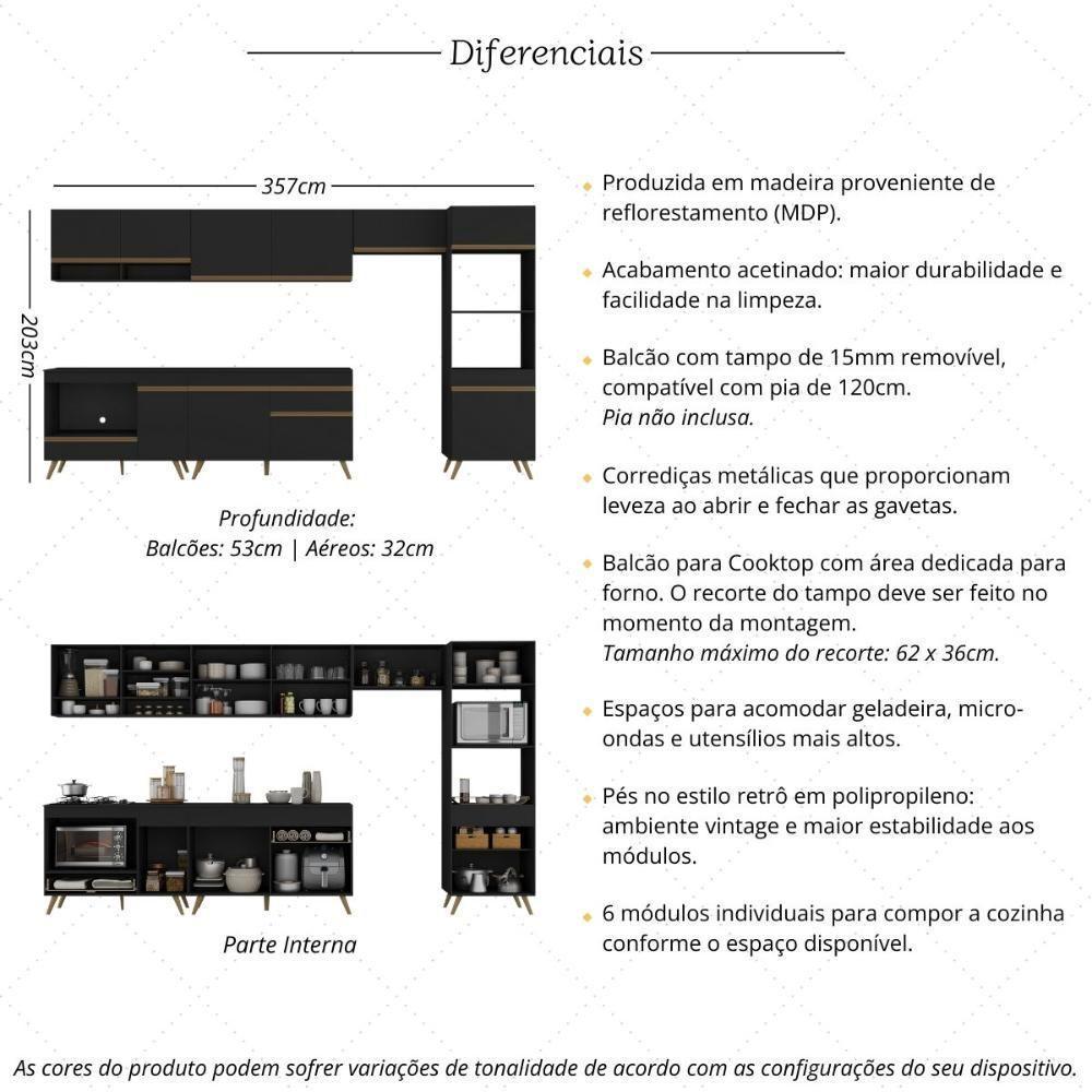 Cozinha Modulada Completa 357cm 6 Peças Com Balcão Para Cooktop Veneza Multimóveis Mp2272 Preto Dourado - 3