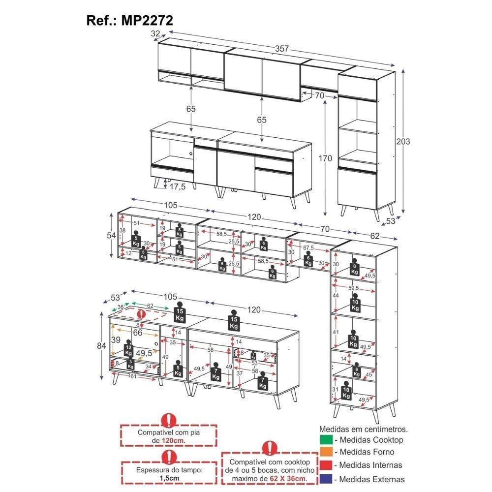 Cozinha Modulada Completa 357cm 6 Peças Com Balcão Para Cooktop Veneza Multimóveis Mp2272 Preto Dourado - 4