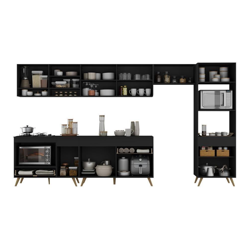 Cozinha Modulada Completa 357cm 6 Peças Com Balcão Para Cooktop Veneza Multimóveis Mp2272 Preto Dourado - 5