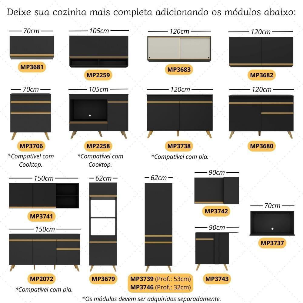 Cozinha Modulada Completa 357cm 6 Peças Com Balcão Para Cooktop Veneza Multimóveis Mp2272 Preto Dourado - 6