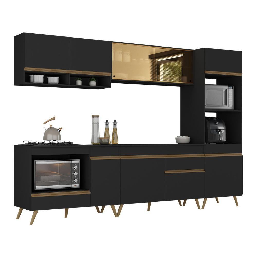 Cozinha Modulada Completa Compacta 287cm Com Balcão Para Cooktop Veneza Multimóveis Mp2269 Preto Dourado - 2