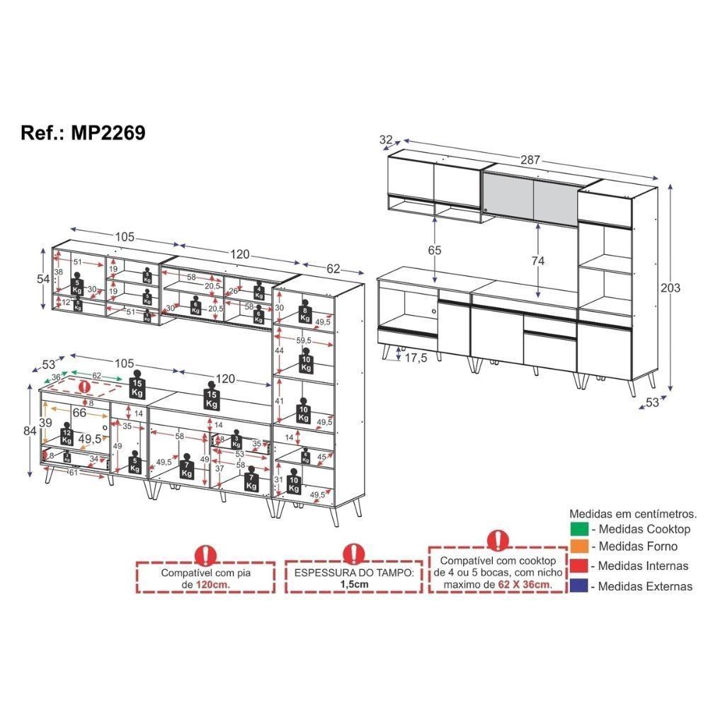 Cozinha Modulada Completa Compacta 287cm Com Balcão Para Cooktop Veneza Multimóveis Mp2269 Preto Dourado - 4