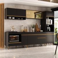 Cozinha Modulada Completa Compacta 287cm Com Balcão Para Cooktop Veneza Multimóveis Mp2269 Preto Dourado - 1