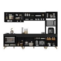 Cozinha Modulada Completa Compacta 287cm Com Balcão Para Cooktop Veneza Multimóveis Mp2269 Preto Dourado - 5