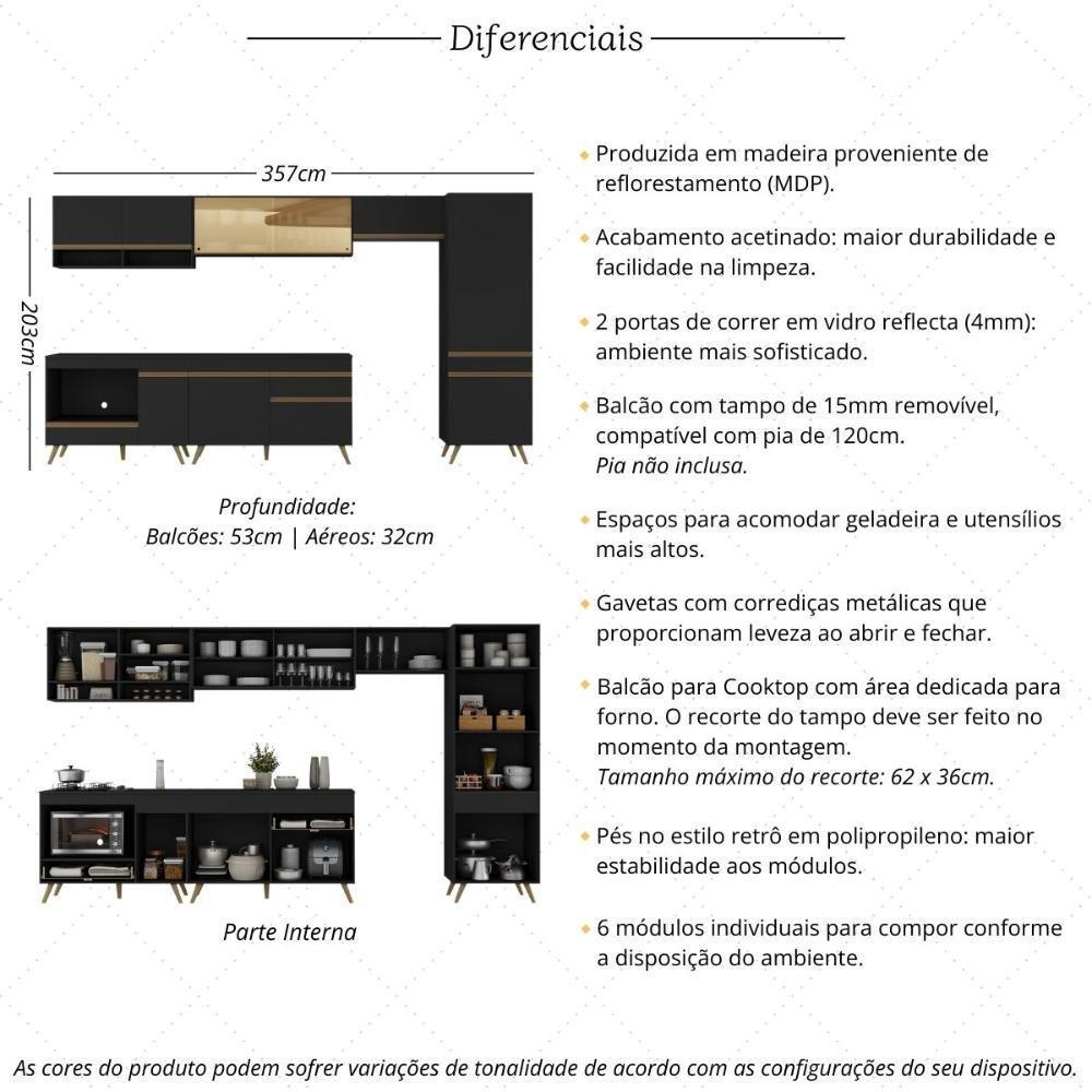 Cozinha Modulada Completa 357cm 6 Peças Com Balcão Para Cooktop Veneza Multimóveis Mp2275 Preto Dourado - 3