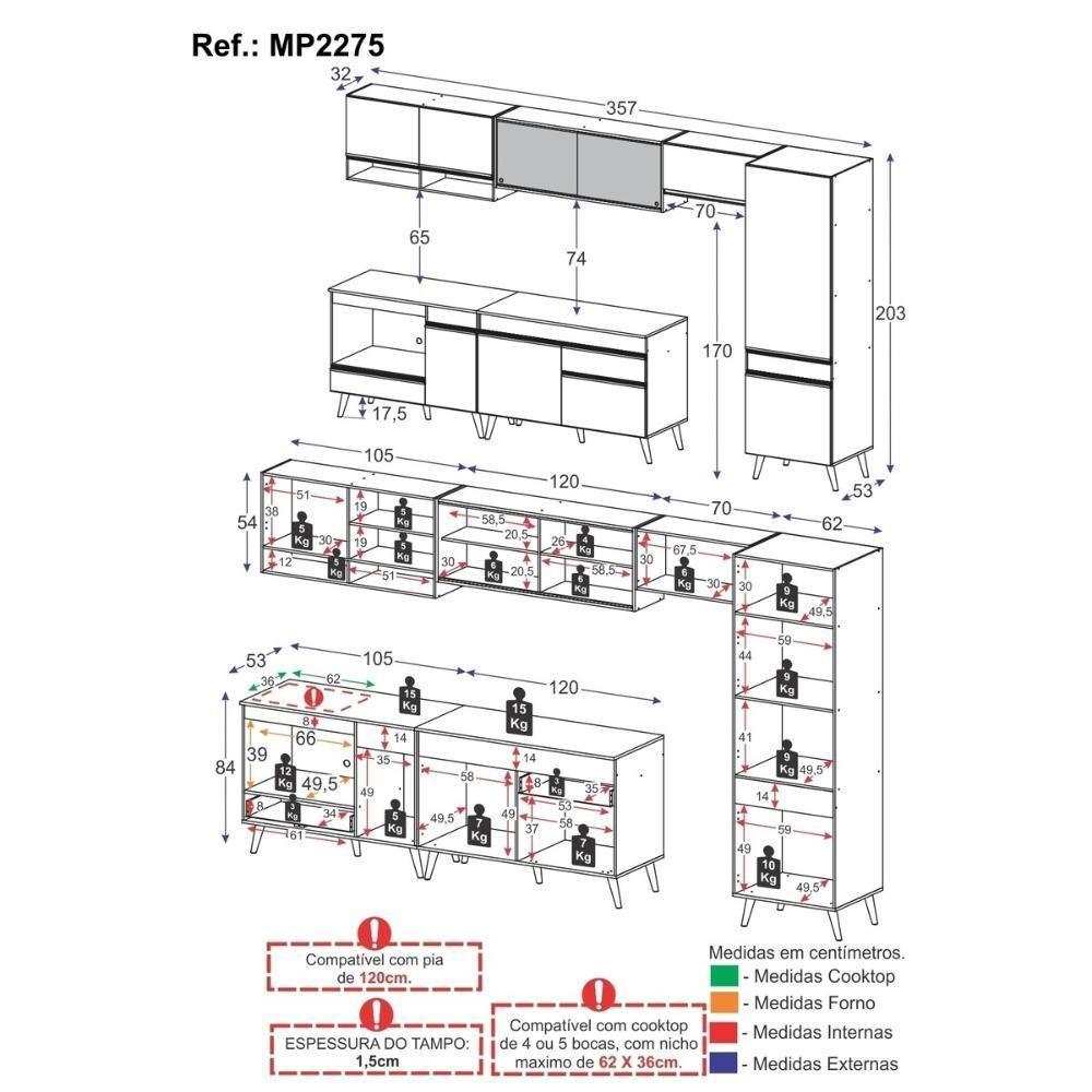 Cozinha Modulada Completa 357cm 6 Peças Com Balcão Para Cooktop Veneza Multimóveis Mp2275 Preto Dourado - 4