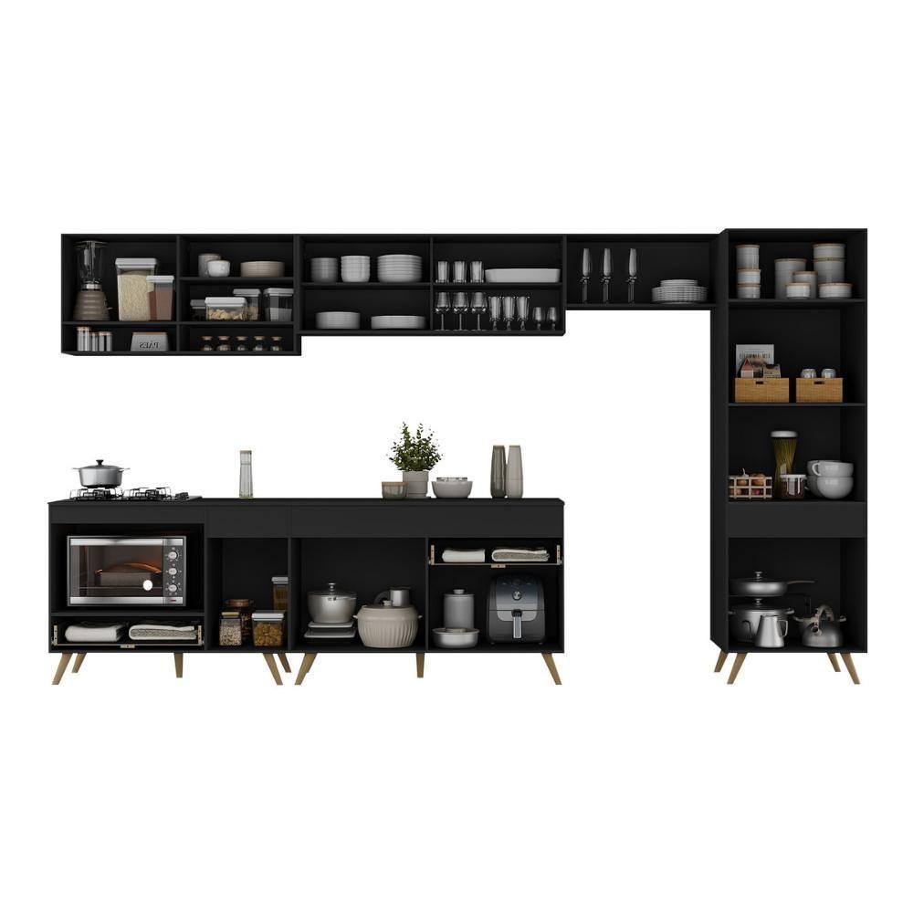 Cozinha Modulada Completa 357cm 6 Peças Com Balcão Para Cooktop Veneza Multimóveis Mp2275 Preto Dourado - 5