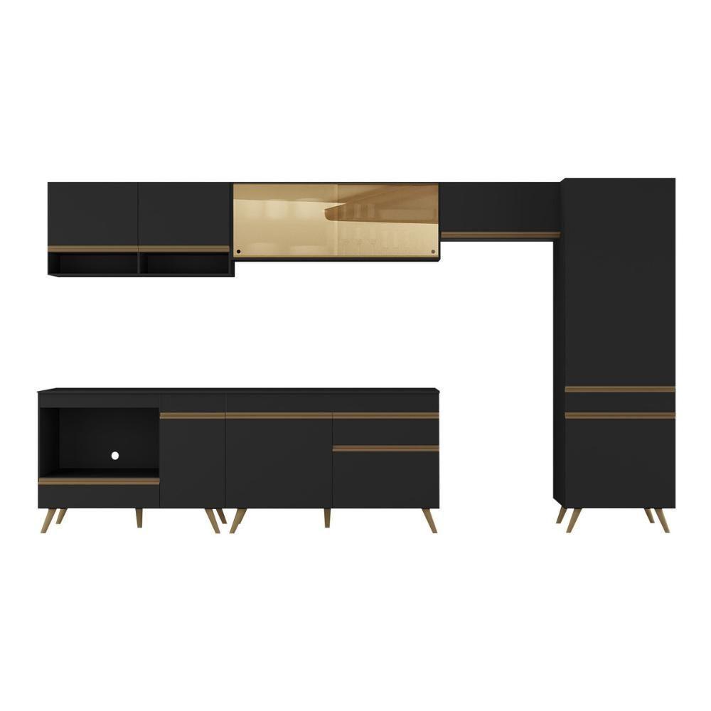 Cozinha Modulada Completa 357cm 6 Peças Com Balcão Para Cooktop Veneza Multimóveis Mp2275 Preto Dourado - 7