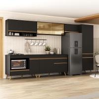 Cozinha Modulada Completa 357cm 6 Peças Com Balcão Para Cooktop Veneza Multimóveis Mp2275 Preto Dourado - 1