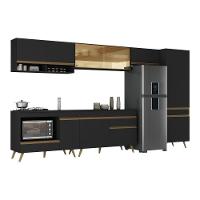 Cozinha Modulada Completa 357cm 6 Peças Com Balcão Para Cooktop Veneza Multimóveis Mp2275 Preto Dourado - 2