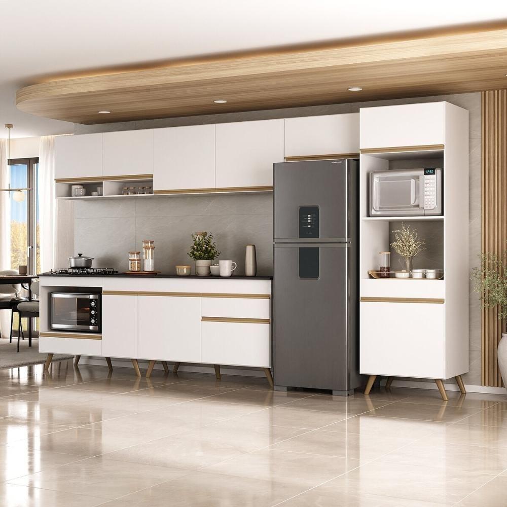 Cozinha Modulada Completa 357cm 6 Peças Com Balcão Para Cooktop Veneza Multimóveis Mp2272 Branco Dourado - 1