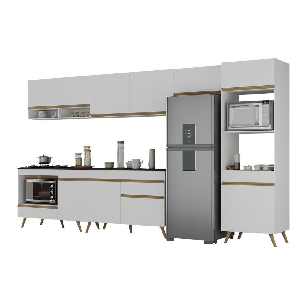 Cozinha Modulada Completa 357cm 6 Peças Com Balcão Para Cooktop Veneza Multimóveis Mp2272 Branco Dourado - 2