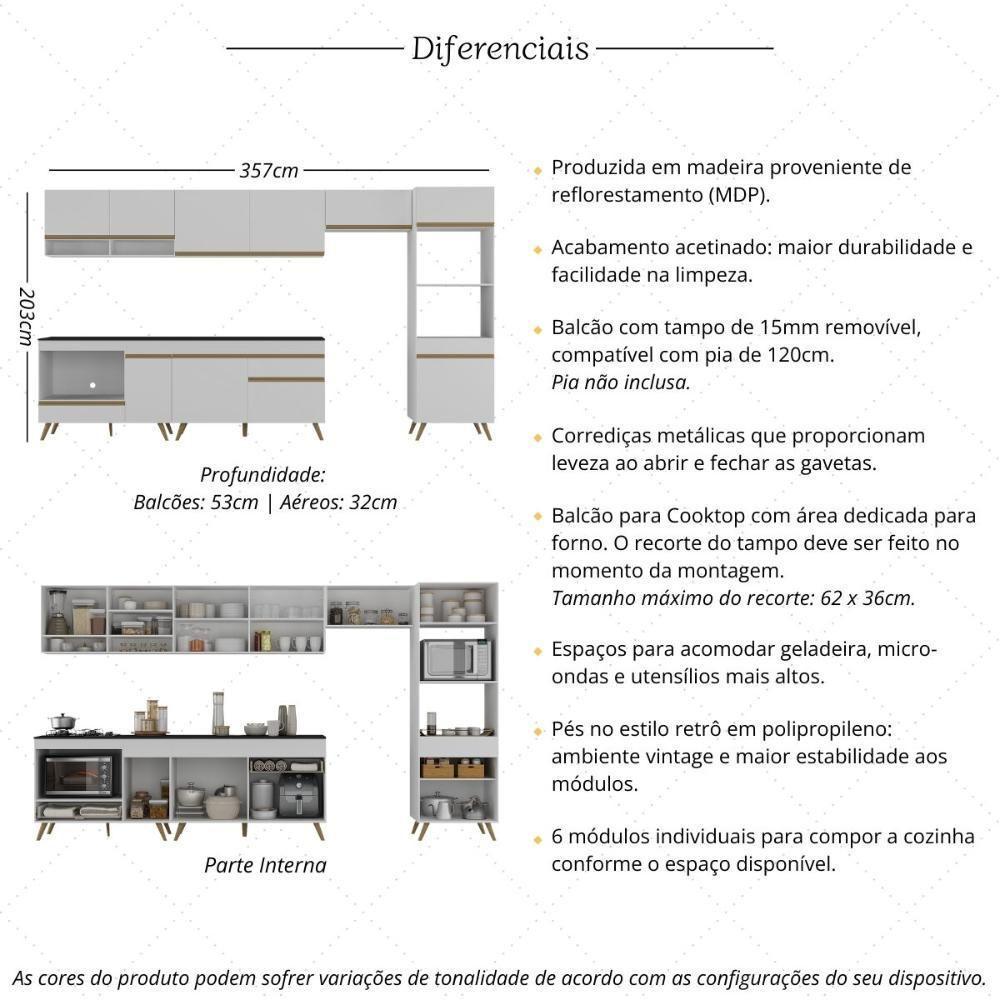 Cozinha Modulada Completa 357cm 6 Peças Com Balcão Para Cooktop Veneza Multimóveis Mp2272 Branco Dourado - 3
