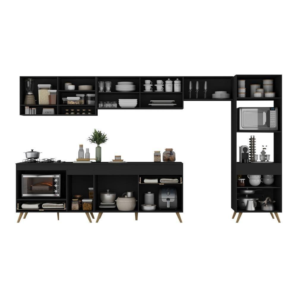 Armário De Cozinha Modulada Completa 357cm Com Balcão Para Cooktop Veneza Multimóveis Mp2274 Preto Dourado - 3