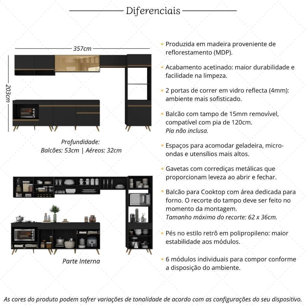 Armário De Cozinha Modulada Completa 357cm Com Balcão Para Cooktop Veneza Multimóveis Mp2274 Preto Dourado - 4