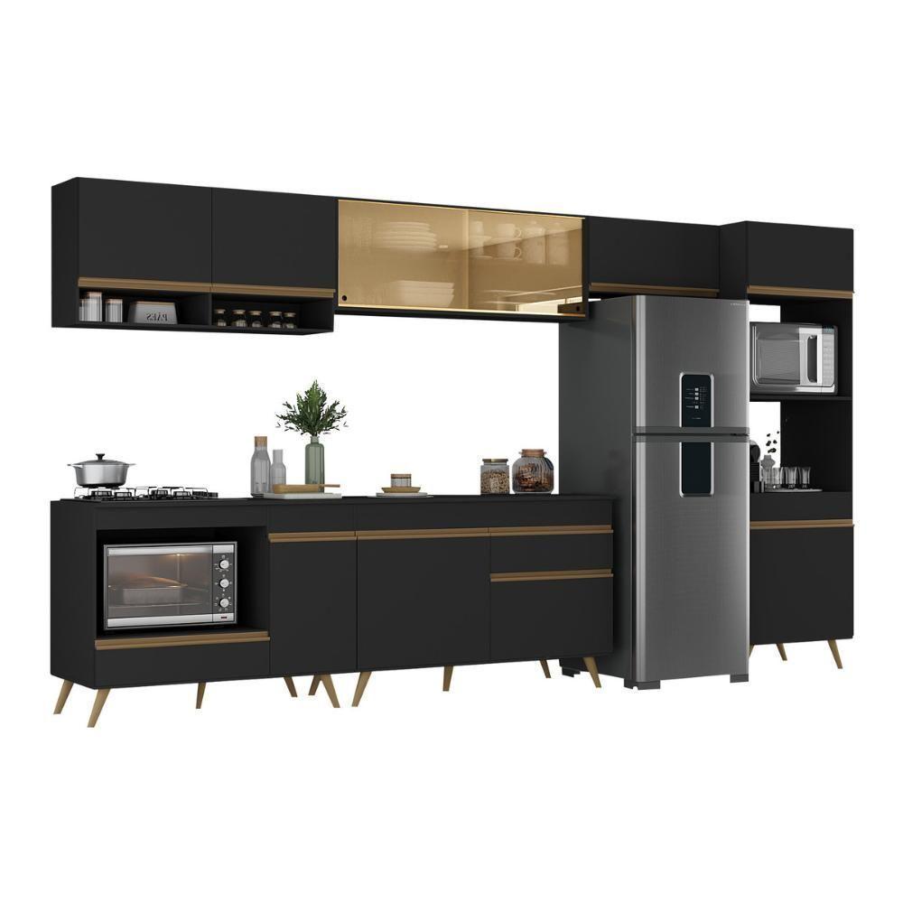 Armário De Cozinha Modulada Completa 357cm Com Balcão Para Cooktop Veneza Multimóveis Mp2274 Preto Dourado - 6
