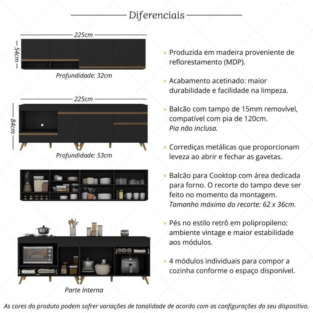 Armário De Cozinha Modulada Compacta Com Balcão Para Cooktop Forno Veneza Multimóveis Mp2262 Preto Dourado - 3