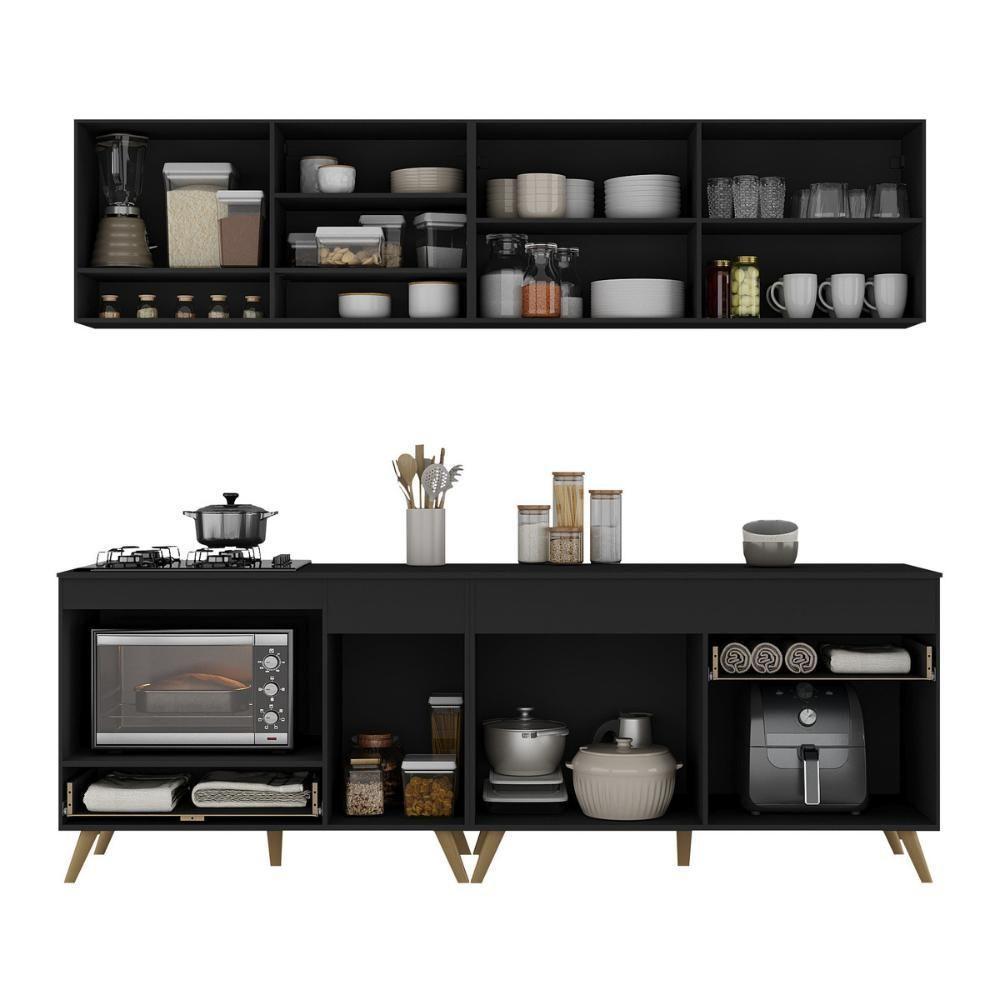 Armário De Cozinha Modulada Compacta Com Balcão Para Cooktop Forno Veneza Multimóveis Mp2262 Preto Dourado - 5