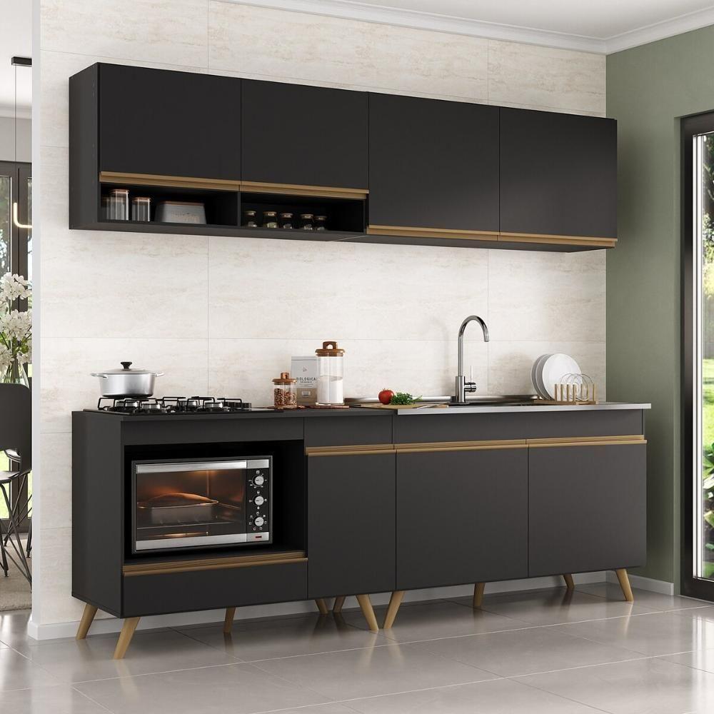 Armário De Cozinha Modulada Compacta 4 Peças Com Balcão Para Cooktop Veneza Multimóveis Mp2264 Preto Dourado - 1