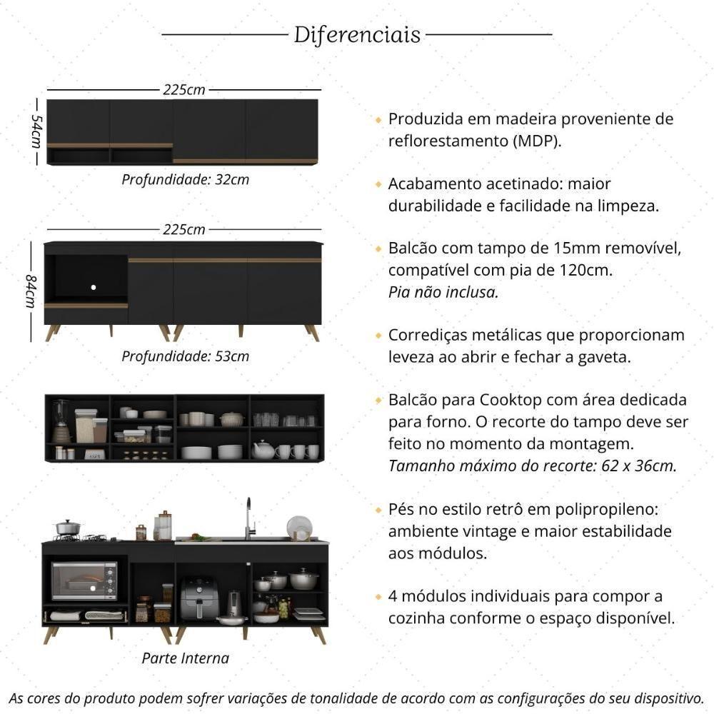 Armário De Cozinha Modulada Compacta 4 Peças Com Balcão Para Cooktop Veneza Multimóveis Mp2264 Preto Dourado - 3