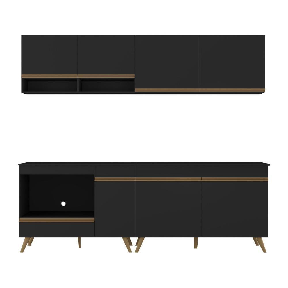 Armário De Cozinha Modulada Compacta 4 Peças Com Balcão Para Cooktop Veneza Multimóveis Mp2264 Preto Dourado - 7