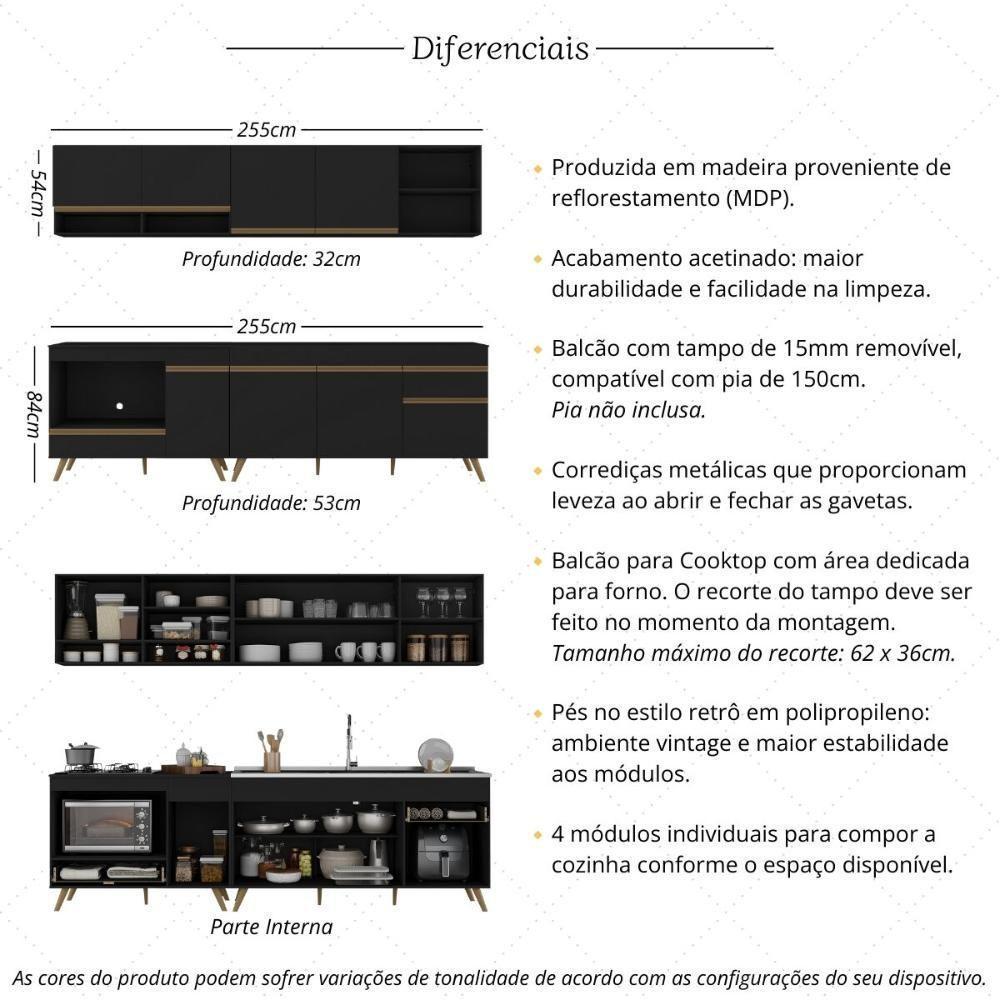 Armário De Cozinha Modulada Compacta 4 Peças Com Balcão Para Cooktop Veneza Multimóveis Mp2261 Preto Dourado - 3