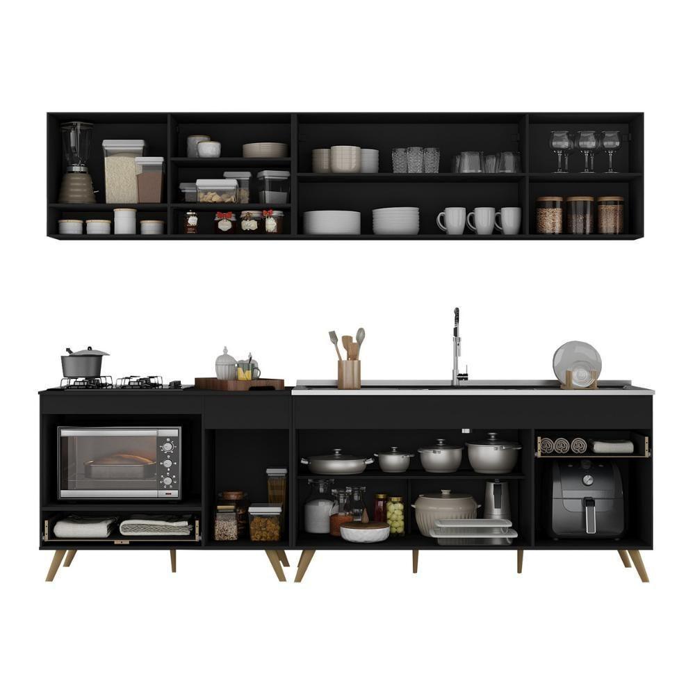 Armário De Cozinha Modulada Compacta 4 Peças Com Balcão Para Cooktop Veneza Multimóveis Mp2261 Preto Dourado - 5