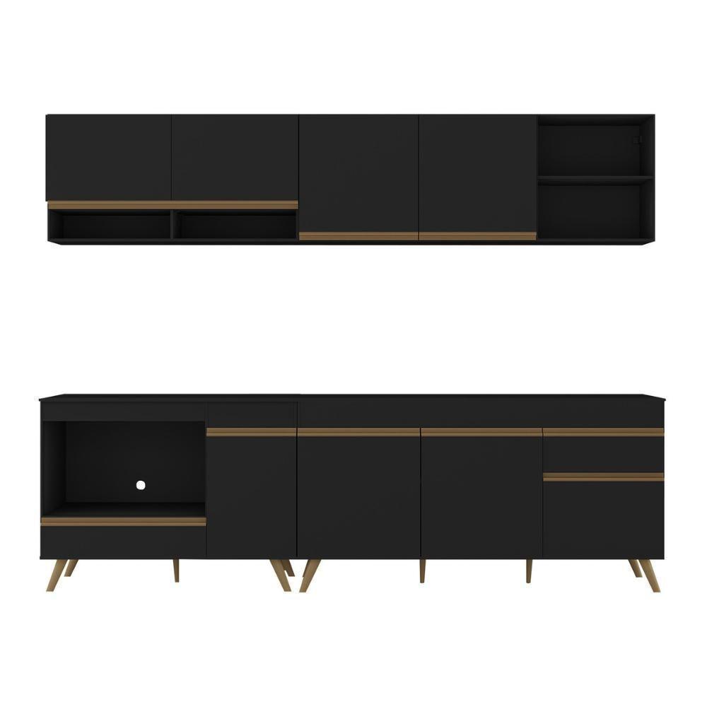 Armário De Cozinha Modulada Compacta 4 Peças Com Balcão Para Cooktop Veneza Multimóveis Mp2261 Preto Dourado - 7