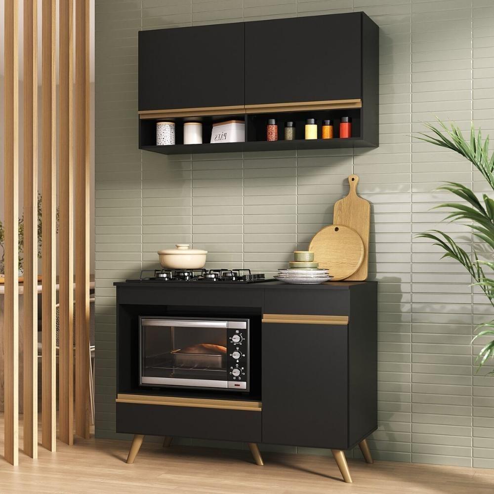 Armário De Cozinha Modulada Compacta 105cm Com Balcão Para Cooktop Veneza Multimóveis Mp2260 Preto Dourado - 1