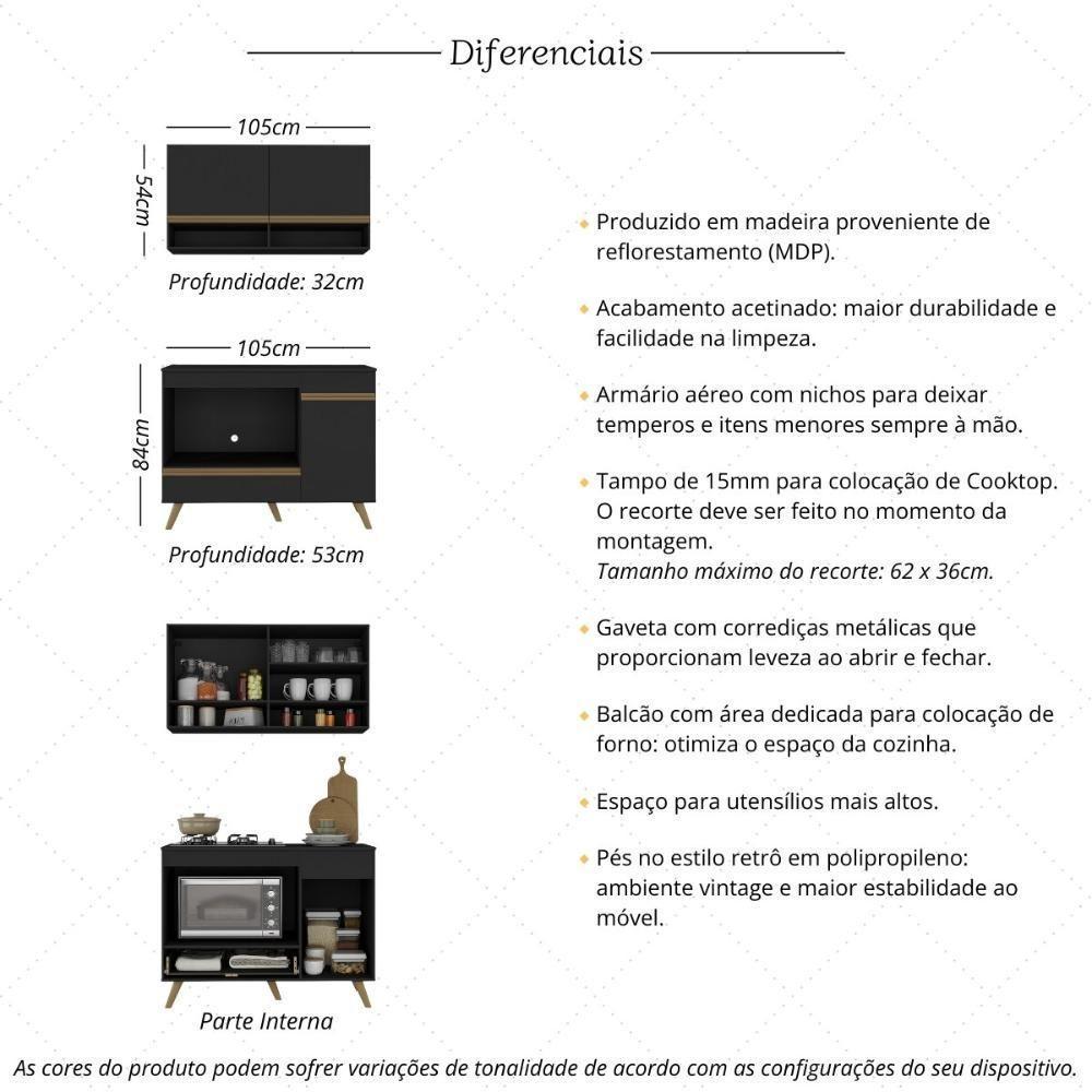 Armário De Cozinha Modulada Compacta 105cm Com Balcão Para Cooktop Veneza Multimóveis Mp2260 Preto Dourado - 3