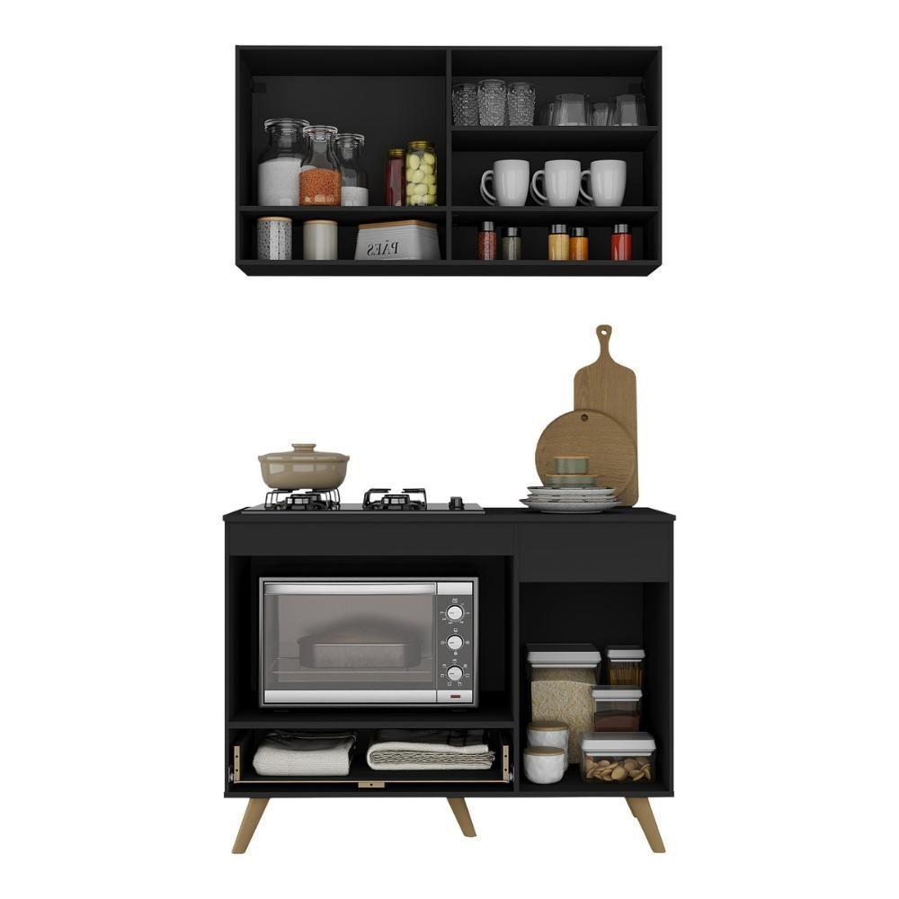 Armário De Cozinha Modulada Compacta 105cm Com Balcão Para Cooktop Veneza Multimóveis Mp2260 Preto Dourado - 5