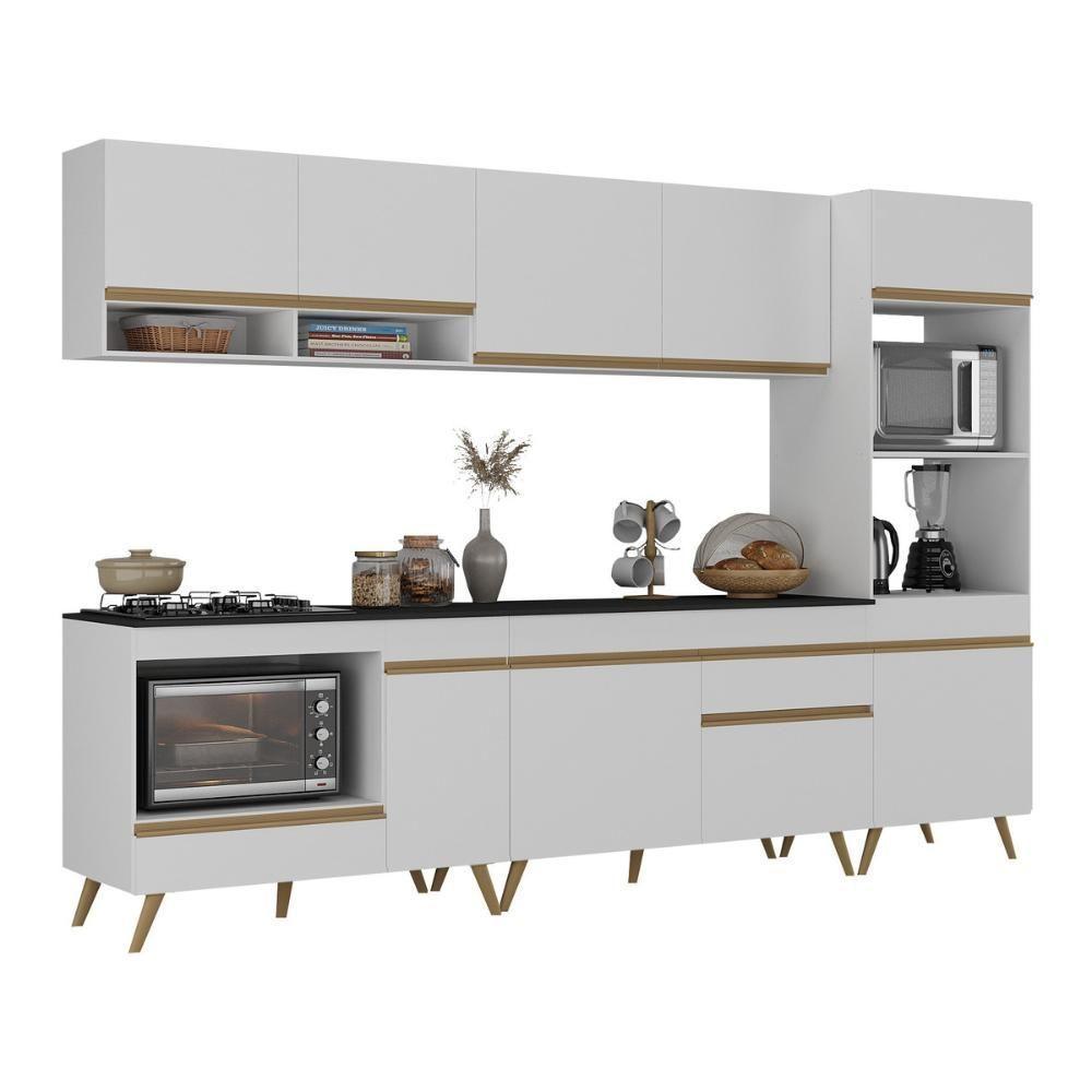 Cozinha Modulada Completa Compacta 5 Peças Com Balcão Para Cooktop Veneza Multimóveis Mp2268 Branco Dourado - 2