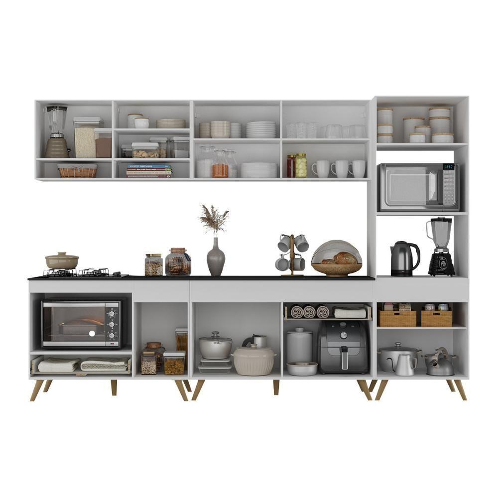 Cozinha Modulada Completa Compacta 5 Peças Com Balcão Para Cooktop Veneza Multimóveis Mp2268 Branco Dourado - 5